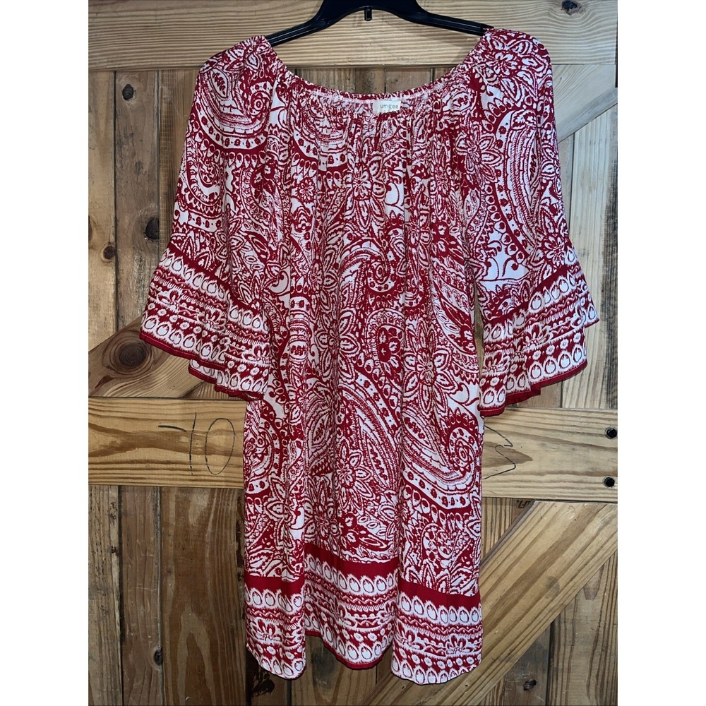Umgee Dress Off Shoulder Bell Sleeve Pockets Red Paisley Extra Large Boho Chic